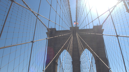 CLOSE UP: Detail of cables and structure of stunning Brooklyn suspension bridge