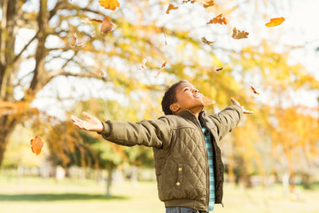 leaves drop onto a little boy with outstretched arms 