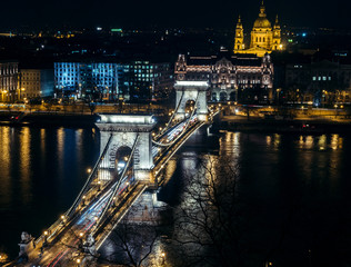 Panoramic view of Szechenyi Chain Bridge over Danube, Budapest, Hungary at night