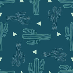 vector saguaro cactus toss teal seamless repeat pattern background