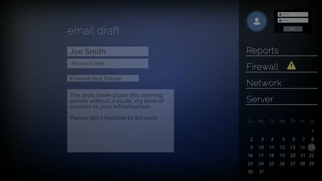 HUD Screen Email Draft Firewall Alert. animation of an email draft template being created and a firewall alert is displayed