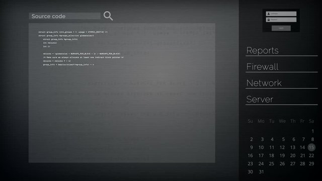 HUD Screen Source Code Analysis. animation of a computer screen read out of the source code being analyzed