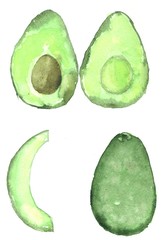 Green avocados whole, half and slice on white background. Watercolor illustration. Hand-drawn drawing 