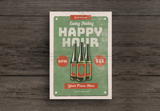 Happy Hour Flyer Layout with Beer Bottle Illustrations