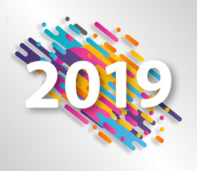2019 Happy new year design card on hipster halftone background. Vector illustration.