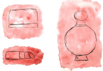 Bottles, jars of perfume, creams on a colored background. Watercolor illustration. Hand-drawn drawing 