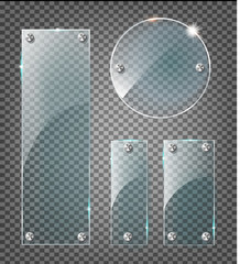 Vector modern transparent glass plates set on sample background.