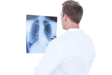 Rear view of young doctor looking at x-ray