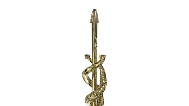 A golden Caduceus medical symbol rotates on a white background (Loop).