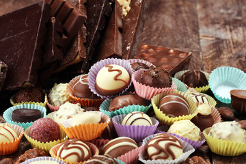 a lot of variety chocolate pralines, belgian confectionery gourmet chocolate.