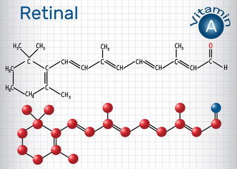 Retinal (retinaldehyde) is vitamin A. Structural chemical formula and molecule model. Sheet of paper in a cage