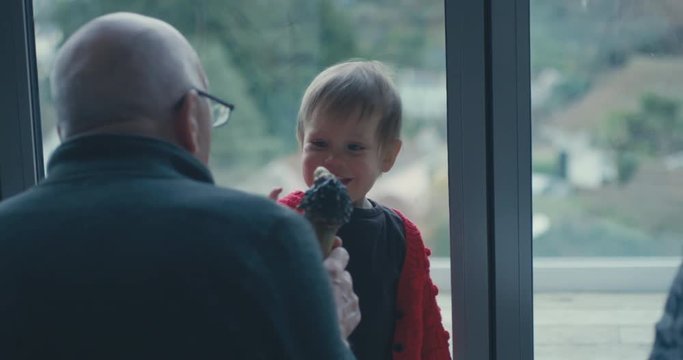 Grandfather playing with grandson by the window