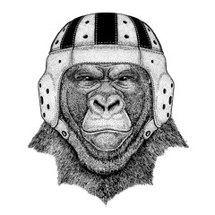 Cool animal wearing rugby helmet Extreme sport game Gorilla, monkey, ape Frightful animal Hand drawn image for tattoo, emblem, badge, logo patch