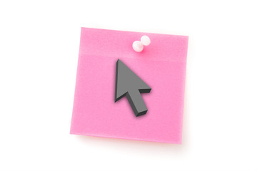 Arrow against pink adhesive note with pushpin