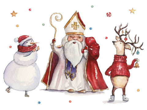 Watercolor Christmas illustration with St Nicholas, snowman and deer