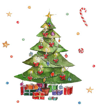 Watercolor Christmas illustration with Christmas tree, presents and decoration