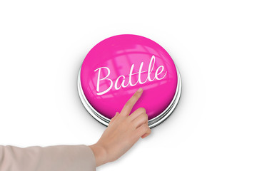 Hand pressing pink button for breast cancer awareness on white background