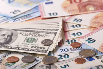 Dollar, euro banknotes, coins