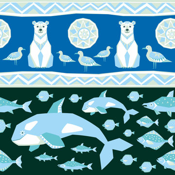 Seamless pattern in ethnic style with the image of northern sea animals. Colorful vector background.