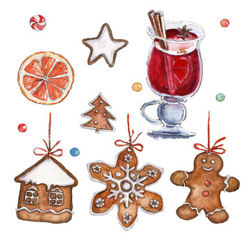 Watercolor Christmas illustration with mulled wine, ginger cookies, candies, orange slice