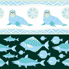 Seamless pattern in ethnic style with the image of northern sea animals. Colorful vector background.