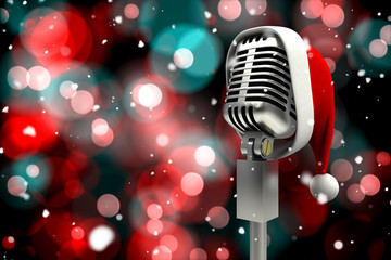 Composite image of microphone with santa hat against digitally generated twinkling light design 