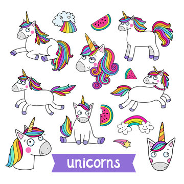 Lovely vector set of illustrations of the funny unicorn. Cute magic animal mascot. Bright rainbow colors. Perfect for products for children.
