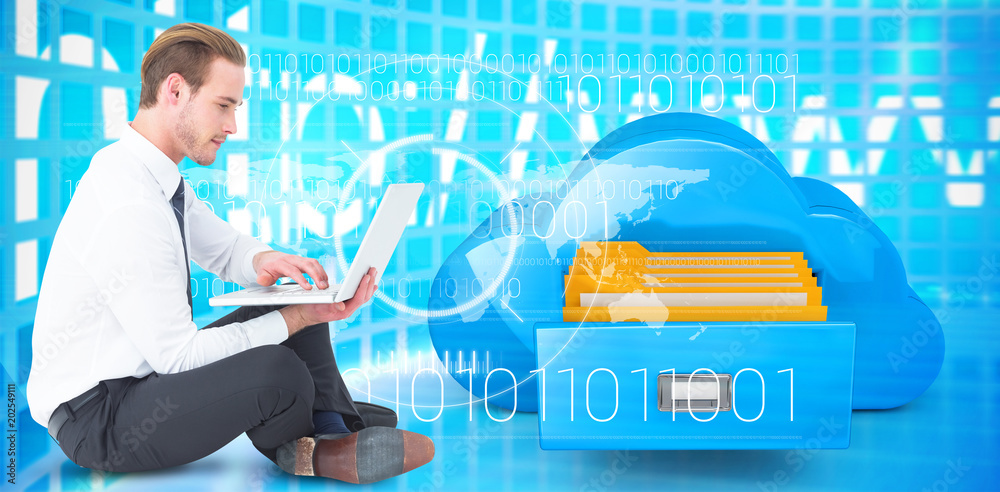 Poster smiling businessman sitting on floor using laptop against composite image of cloud computing drawer