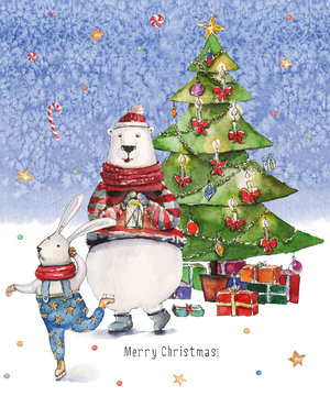 Watercolor Christmas illustration with Christmas tree, presents, colorful bear and ski dancing hare on icy-blue watercolor background. Christmas cards. Winter design. Merry Christmas!