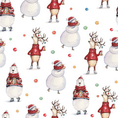 Watercolor hand drawn Christmas seamless pattern with snowman, deer in a red sweater and colorful bear on white background