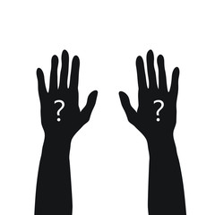 Obraz premium black hands up with white question mark, unknown or asking concept, simple vector