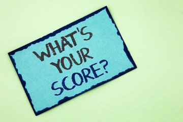 Conceptual hand writing showing What Is Your Score Question. Business photo text Tell Personal Individual Rating Average Results written on Sticky Note Paper on plain background.