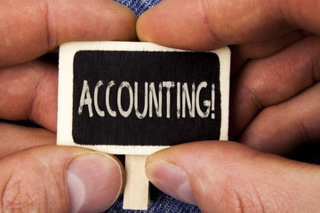 Writing note showing  Accounting Motivational Call. Business photo showcasing Account inner voice motivate yourself written on Wood Piece holding by man on the Blue Jeans background.