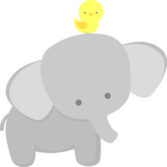 Obraz premium cute elephant and little bird isolated on white background. flat design for baby and children
