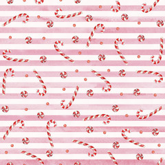 Watercolor hand drawn Christmas seamless pattern with candy canes, stick candy on white