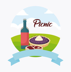 Picnic food emblem with wine bottle and pie over landscape and white  background, colorful design. vector illustration