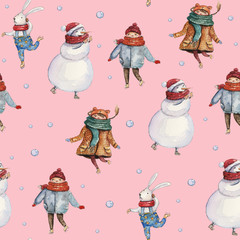Watercolor hand drawn Christmas seamless pattern with snowman, hare, snowballs and children on pink background 