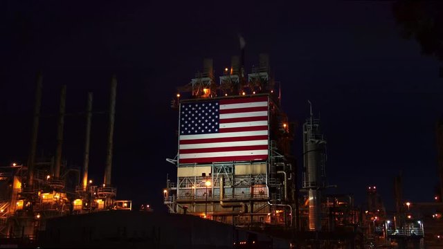 American flag on Oil refinery Industry plant, Global Warming and Climate Change Concept
