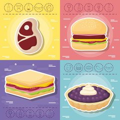 icon set of picnic food concept over colorful squares, vector illustration