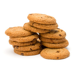 Fototapeta na wymiar Stacked Chocolate chip cookies isolated on white background. Sweet biscuits. Homemade pastry.