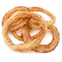 Delicious crispy fried onion rings isolated on white
