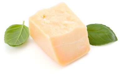 One parmesan cheese shred and basil leaf isolated on white background cutout