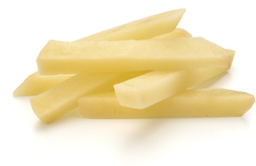 Raw Potato sliced strips prepared for French fries isolated on white background