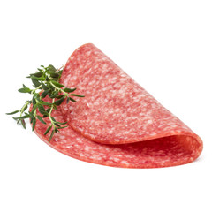 Salami smoked sausage slices isolated on white background