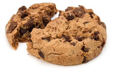 One broken Chocolate chip cookie isolated on white background. Sweet biscuit crumbs. Homemade pastry.