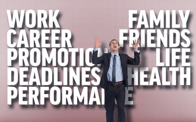 Stressed businessman gesturing against grey vignette