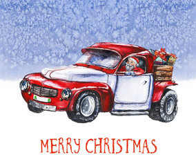 Watercolor Christmas illustration with Santa Claus driving red car packed with presents on icy-blue watercolor background. Christmas cards. Winter design. Merry Christmas!