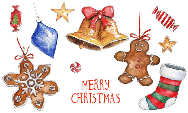 Watercolor Christmas illustration with Christmas stocking, bells, candies, golden stars, ginger cookies and winter decoration