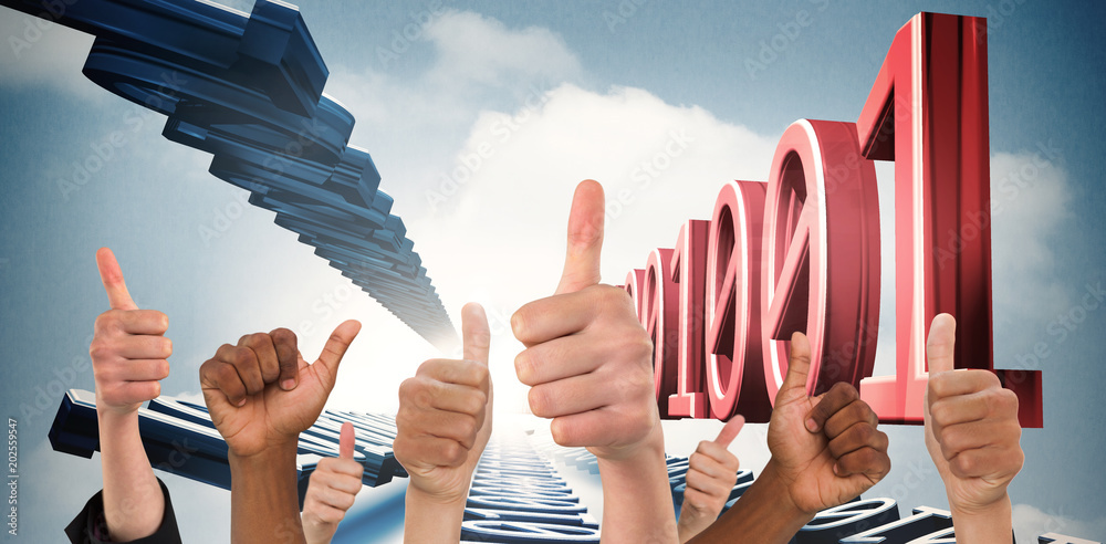 Poster hands showing thumbs up against 3d binary code in sky