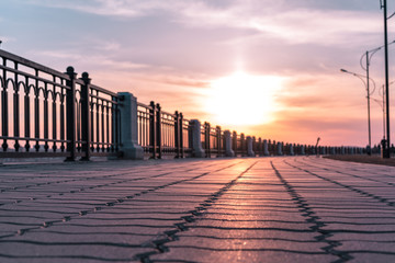 Fototapeta premium Empty sidewalk in Blagoveshchensk